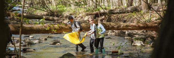 Students participating in a stream monitoring class at Potash Brook Students participating in a stream monitoring class at Potash Brook